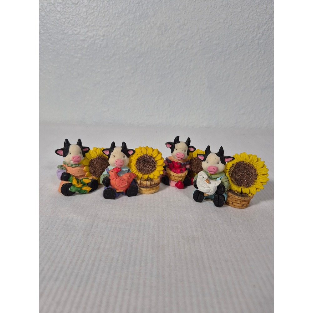 CWI Miniature Cow Figurines with Sunflowers Farmhouse Decor Set of 4 Resin